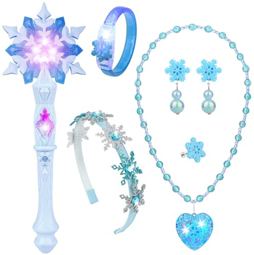 Hifot Schneeflocken-Zauberstab mit Licht und Soundeffekten Prinzessin Led Leuchtstab Schmuck für Mädchen mit Leuchtarmbänder, Leuchtende Halskette, Ringe, Ohrclips Haarreif Mädchen