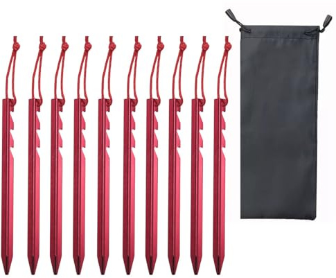 Tent Pegs, 10PCS Metal Heavy Duty Camping Pegs with Carry Bag, 7.09In Aluminum Alloy Tent Stakes for Hard Ground, Triangular Serrated Design, Windproof Anchors for Tent, Awning, Gazebo (Red)