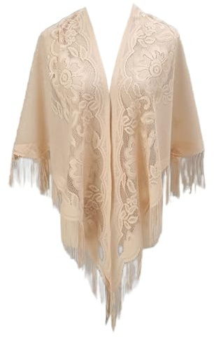 Aniyan Spitze Stola Damen, Elegantes Lochmuster Dreieckstuch mit 10cm Fransen, Vielseitig als Umschlagtuch & Schal für Abend, Party, Urlaub (Beige)