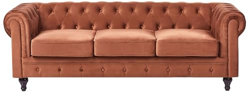 Beliani Sofa 3-Sitzer Chesterfield Goldbraun Samtstoff Klassisches Samt | Stoff, Braun, Für 3 Personen, Abgerundet, Schaumstoff-Füllung, Wellenfederung, Sitzhöhe 45 cm, 201 x 75 x 70 cm