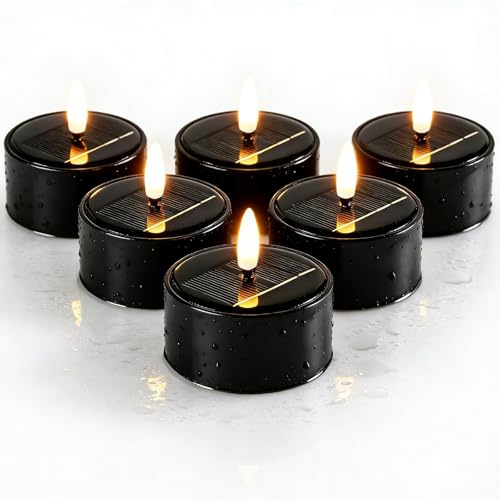 6 Stück Solar Teelichter,Solar Kerzen Outdoor Mit Warmweißes Flackern 6x5cm,Solar Led Teelichter Wiederverwendbare,Schwarz Wasserdicht Solarkerzen Für Balkon Laterne Inner Zimmer Terrassen Garten Deko