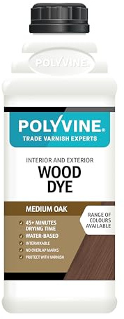 Polyvine Wood Dye – Interior Exterior Wood Colour Restorer – Quick Drying, Water Based Intermixable Woodwork Sealer Any Colour for Furniture, MDF, Ply, Hardwood, Softwood - Medium Oak, 1 L