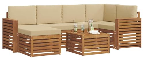 vidaXL Sofagarnituren 7 pcs Natur und Beige Massivholz Akazie, Gartenmöbel, modernes Sofa für draußen, modulare Loungemöbel, langlebige Terrassensitze und Komfort