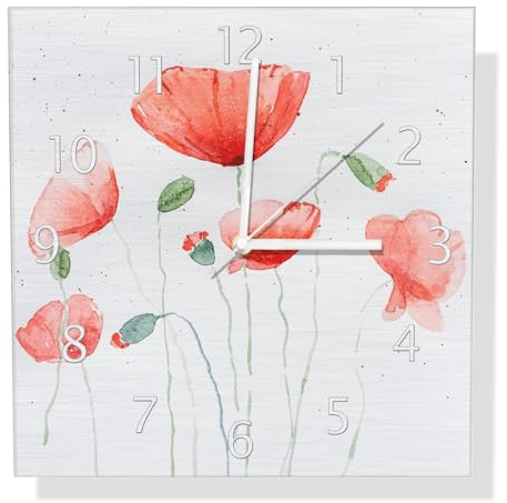Wallario Design Wanduhr Mohnblumen in Aquarell aus Aluverbund, Alu-Uhr Größe 30 x 30 cm, weiße Zeiger mit Metalloptik