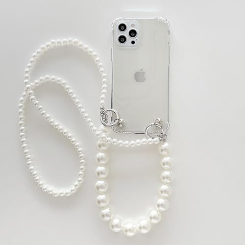 FIFTHAVE Chaîne de téléphone portable - Coque de protection pour iPhone 17 Pro Max - Avec bande de perles - Ultra fine - Avec cordon de serrage - En silicone TPU souple - Pour fille - Transparent