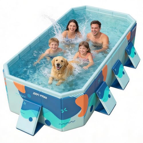 Piscina familiar plegable grande para niños y perros, 115 pulgadas de largo x 65 pulgadas de ancho x 21.5 pulgadas de profundidad, piscina cuadrada de plástico duro con paredes laterales reforzadas y