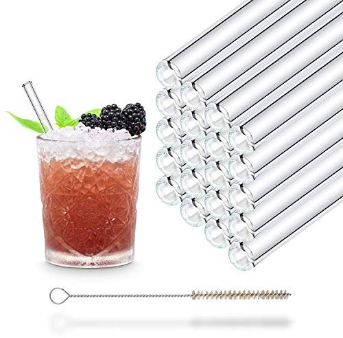 HALM Glas Strohhalme kurz - 20 Stück gerade 15 cm - Glasstrohalme Set Wiederverwendbar + plastik-freie Reinigungsbürste - Glas-Trinkhalme für Cocktail Gläser, Kinder Trinkgläser - Smoothie Strohhalme