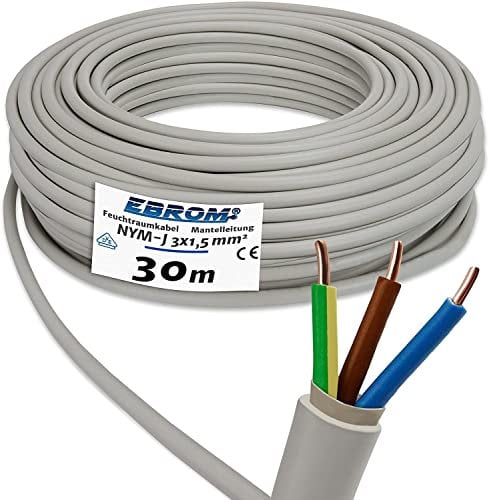 EBROM NYM-J 3x1,5 mm² - Mantelleitung - Installationsleitung - Feuchtraumleitung - grau - große Auswahl in vielen Längen in 5 Meter Schritten bis 250 Meter am Stück - Ihre Länge: 3x1,5 mm2, 30 Meter