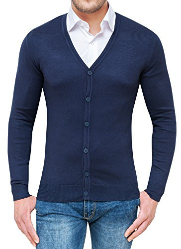 Evoga Cardigan Maglione Uomo Blu Casual Invernale Slim Fit Aderente con Bottoni (L)