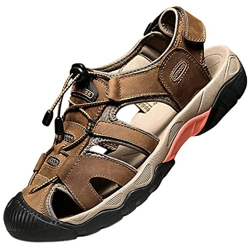 Topwolve Sandales de Marche Homme Cuir Bout Fermé - Nu Pied Randonnée Été Extérieur Chaussures de Plage Sport, Marron, 40 EU