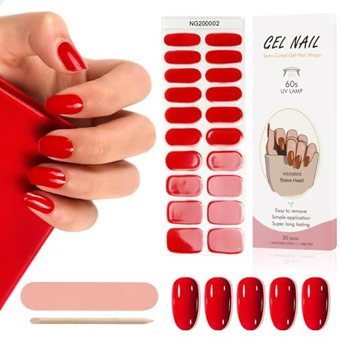 Kalolary 20PCS Gel Vernis À Ongles Autocollants, Vin Rouge Autocollants Auto-adhésifs pour Vernis à Ongles Autocollants Complets pour Ongles UV/LED Lamp Required Bandes d'ongles en Gel Durci (Rouge)