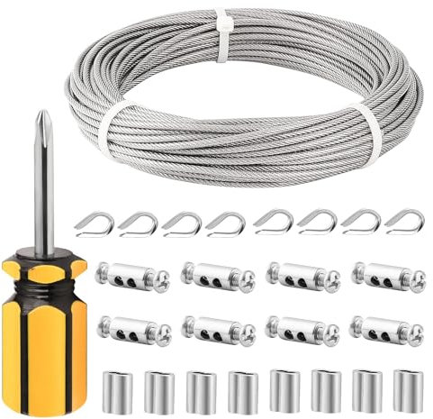 TooTaci Drahtseil 3mm Edelstahl, 20M Edelstahl Stahlseil Ummantelt aus PVC, Stahlseil mit ösen, M3 Drahtseilklemme, M3 Drahtseil Kauschen, Edelstahlseil Spanndraht für Zaun, Gardinen, Hänge