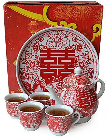 Chinesisches Tee-Geschenkset aus Porzellan, Teekanne mit 4 Tassen, Tablett für Erwachsene, Männer und Frauen, Teezeremonie, Hochzeit, Party, Heimdekoration (doppeltes Glück)