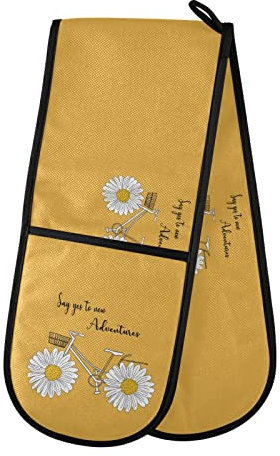 White Daisy Flower with Quotes Say Yes to New Adventure on Yellow Double Oven Mitt Gloves Extra Long Potholder High Heat Resistant for Baking Cooking Baking Grilling Handling Hots Pans 35x7