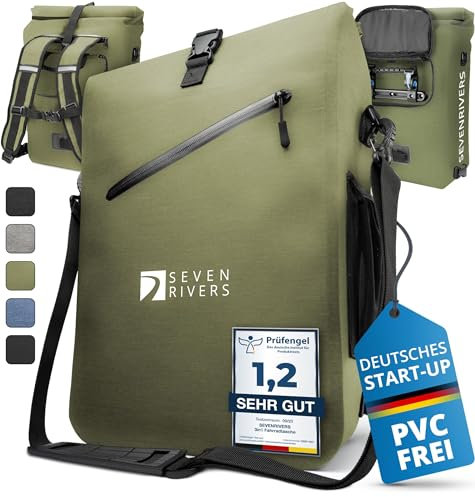 SEVENRIVERS 3 in 1 Fahrradtasche - Rucksack, Gepäckträgertasche & Umhängetasche in einem - Wasserdicht & PVC frei - inkl. Laptop-Tasche (24L) (olivgrün)