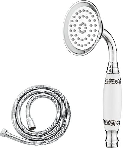 Maynosi Bathroom Classical Shower Head, Traditional Telephone Style Handheld Shower, Retro Ceramic Handle Hand Shower with Cyan Floral Pattern, Victorian Rain Sprayer Showers with 1.5M Hose (Chrome)