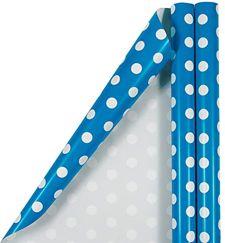 JAM Paper Geschenkpapier, gepunktetes Geschenkpapier, insgesamt 76,2 cm x 3 m, Blau mit weißen Punkten, 2 Standard-Rollen/Packung