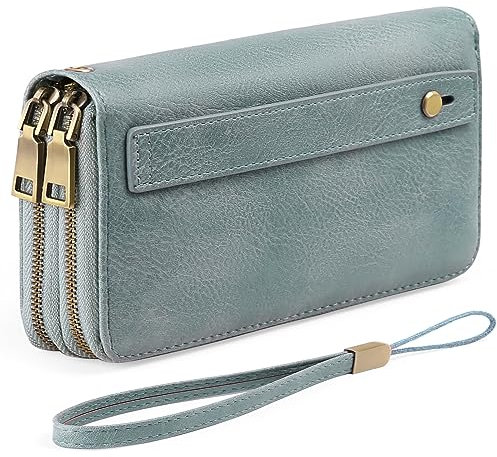 GAEKEAO Geldbörse für Damen, Doppelreißverschluss, Handy-Clutch, RFID-blockierend, veganes Leder, Handgelenktasche, große Kapazität, langes Kreditkartenetui mit Griff, Handschlaufe, blau, Vintage