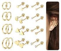 FIOROYAL 12 Stück Ohrstecker Herren Knorpel 14 Karat Vergoldet Hoop Earrings Medizinische Ohrstecker Ohrringe Chirurgenstahl Damen Mond Herz Cz Piercing Set Ohrstecker(Gold)