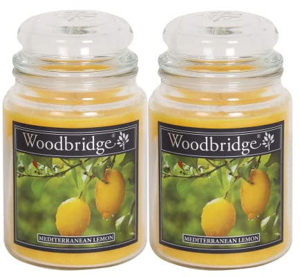 Woodbridge Große Duftkerze im Glas mit Deckel | 2er Duftkerzen Set Mediterranean Lemon | Duftkerze Zitrone | Kerzen lange Brenndauer | Raumduft für Zuhause | Kerze 2 Docht