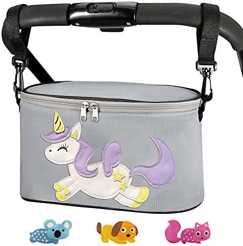 Bello it Borsa per Passeggino o Carrozzina, Borsa porta oggetti universale, Design animali colorati, Leggera e Capiente con ganci e tracolla inclusi Tema: (Unicorno) colore : Grigio