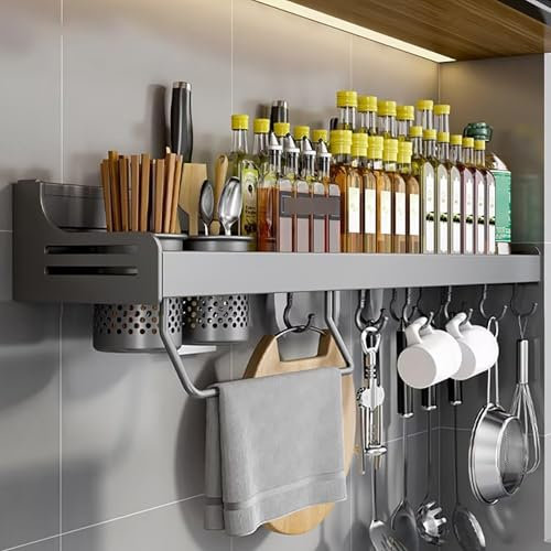 Edumov Gewürzregal Wand, Gewürz Organizer Ohne Bohren, Gewürzregale Hängend, Gewürzhalter Kleben, Küchenregal Wand Metall für Schranktür,Küche, Spice Rack, 80cm, Grau