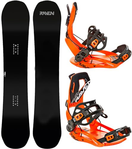 RAVEN Snowboard Set: Snowboard Pure Black + Bindung FT360 Black, Lemon (Snowboard 157 cm + Bindung L, FT360 Orange)