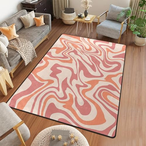 9CH Teppich, gewellt, Wirbel-Design, handgezeichnet, 70er-Jahre-Stil, Vintage-Stil, modern, rutschfest, für Wohnzimmer, Schlafzimmer, Kinderzimmer, Rosa / Orange