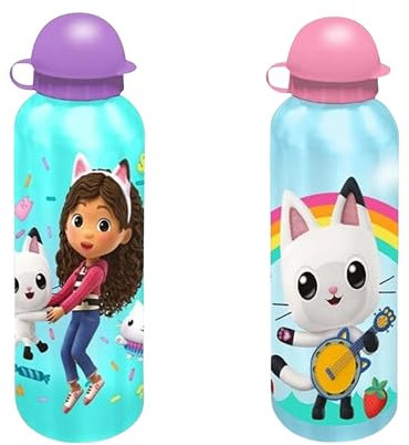2x Gabbys Dollhouse Cat Water Bottles Lightweight 500ml Aluminum BPA Free Drinking Leakproof KBT Disney Bottles for Kids, Ideal for On the Go, Gym, Sports and Travel 3+ Year | 21cm