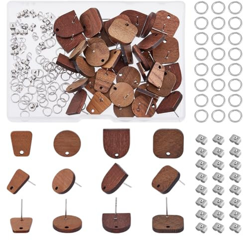 DICOSMETIC 40 Stück 4 Stile Holz Ohrstecker DIY Kokosbraun Holz Ohrstecker Rohlinge Böhmische Holzohrringe Flache Holzohrstecker Mit Ohrmuttern Für Die Schmuckherstellung Bohrung: 1.8-2mm