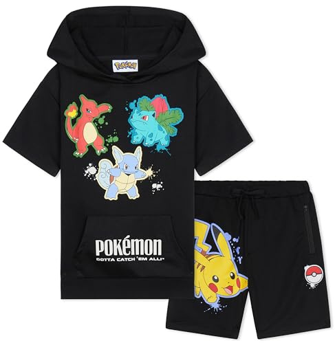 Pokemon Trainingsanzug Kinder 2er Set Sommer Jogginganzug Pikachu Hoodie Kapuzenpullover für Jungen und Shorts Bekleidungssets Sport Freizeit