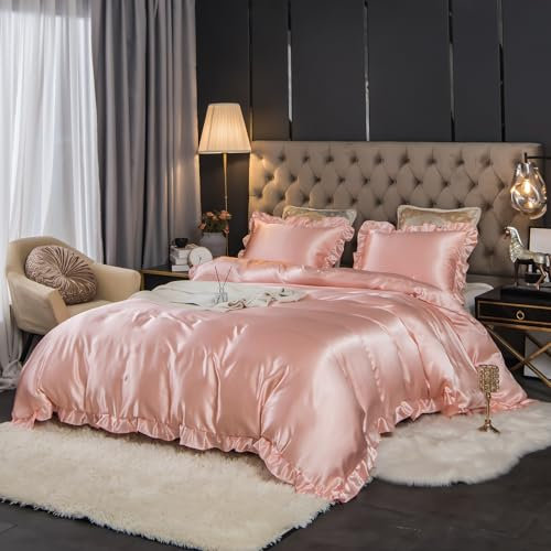 Herside Pinkes Satin-Bettwäsche-Set für King-Size-Bett, seidige Rüschen, seidiger Satin, gerüschte Fransen, Shabby-Chic-Mädchen-Bettwäsche-Set, 1 Sommerdecke, 2 Kissenbezüge (Rosa, UK-King-Size)