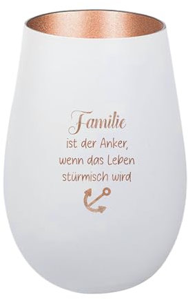 Der-Porzellan-Laden Windlicht mit Gravur Familie ist der Anker, Weiß Bronze, Teelichthalter aus Glas mit Spruch, Tischdeko modern