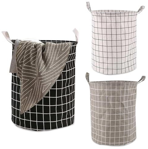 Faltbarer Wäschekorb mit Henkel,Wäschesammler Baumwolle,3 Stück 40 L Runde Lagerung Laundry Baskets,für AufbewahrungsköRbe in Wohnzimmer,Schlafzimmer und Badezimmer