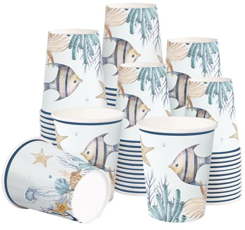 RUSPEPA 50 Stück Ozean-Pappbecher – 9 oz Fisch- und Wasserpflanzen-Einwegbecher, Kaffeebecher, Trinkbecher für Heiß-/Kaltgetränke für Wassersaft, perfekt für Zuhause, Büro und Partybedarf