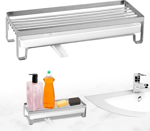 Organizador de esponjas de cocina de acero inoxidable con bandeja de goteo extraíble, organizador de fregadero con cabezal de goteo giratorio, mantiene accesorios de cocina, esponja/cepillo/detergente