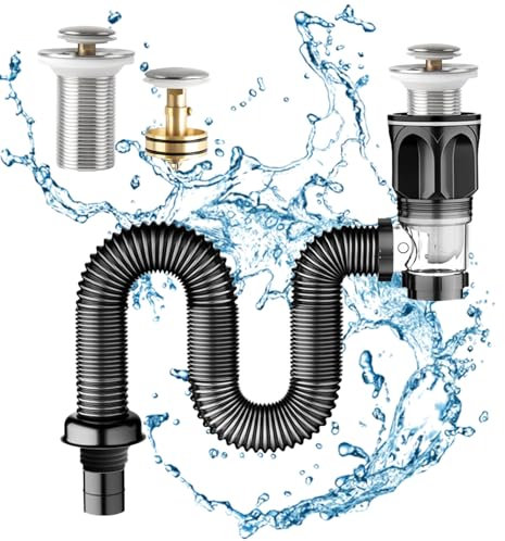 EclipseGuard Kit de Tuyau de Vidange pour Lavabo, Lavabo de Salle de Bain avec Tuyau d'évacuation Flexible Rétractable, Filtre pop-up, Bouchons de Vidange Anti-odeurs