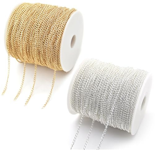 Eteamcan Gold Silver Chain for Jewellery Making, 66 Feet Necklace Bracelet Jewellery Making Chains for Crafting 3mm Jewelry Chain 2 Roll