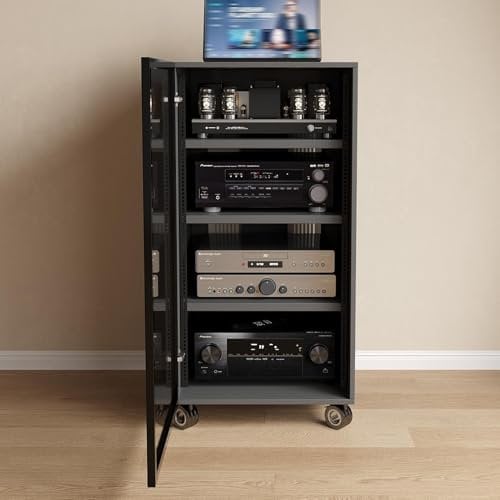 YHWKGZ Audio Rack Hi Fi Regal, Boden-Phonoschrank, Einstellbarem Abstand, Record Player Stand mit Rädern an der Unterseite, Hi Fi Rack mit Kabelmanagement(Nero,39.3x21.6/100x55cm)