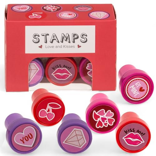 MIJOMA – Selbstfärbende Stempel Set für Kinder & Erwachsene – Perfekt für Basteln, DIY, Adventskalender, Mitgebsel & Mitbringsel – Bunter Stempelsatz - kreatives Gestalten (Liebe & Küsse, 6er Set)