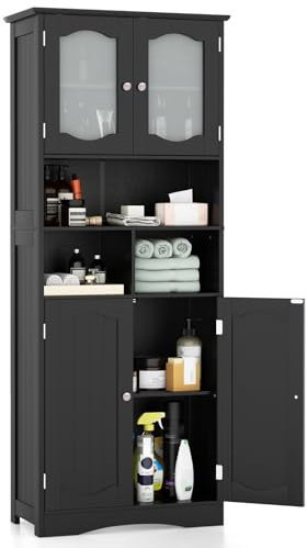 COSTWAY Bathroom Tall Cabinet, Freestanding Storage Cupboard with Tempered Glass Doors and Open/Adjustable Shelves, Wooden High Floor Storage Cabinet for Living Room Kitchen Hallway, 148cm (Black)