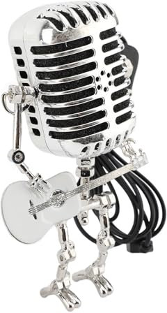 Srliya Vintage Microphone Guitar Robot Table Lamp Aluminum Retro Metal Robot Night Light for Bedroom Desk Home Decor (White)