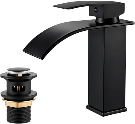 Basin Mixer Taps Waterfall Black Sink Tap with Slotted Pop-up Waste, Modern Countertop Bathroom Sink Mixer Faucet Black Matte, Single Lever Cloakroom Faucet with G1/2 UK Standard Hoses