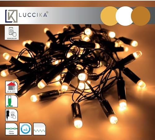 Luccika Maxi-LED-Lichterkette mit App, 150 warme, dimmbare Lichter in 3 Farbtönen von Warmweiß, Lichtspiel mit Musik, Timer, Speicher, IP44, für den Innen- und Außenbereich (15 Meter – 150 Maxi LEDs)