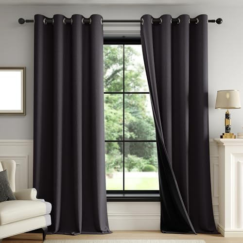 Fmfunctex Black Blackout Curtains for Living Room 84 Inch Drop Geometric Weave Textured Eyelet Curtains for Bedroom Thermal Insulated Window Curtain Drapes 2 Panels
