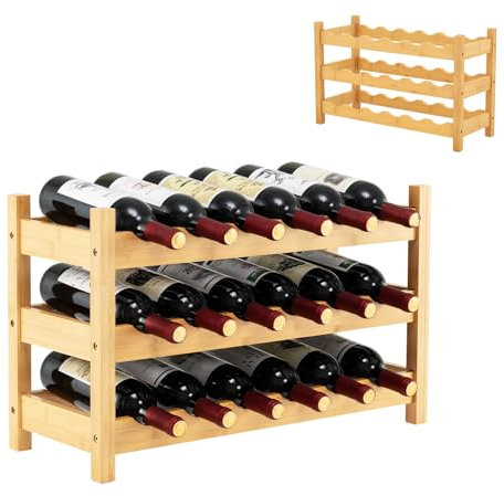 HOMFME Range Bouteille en Bambou Massif Robuste, Étagère à 3 Niveaux pour 18 Bouteilles sur Table, Design Incliné, 62 x 24 x 38 CM, Casier à Vin pour Bar, Salon, Salle à Manger, Naturel
