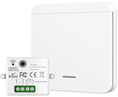 Apkezel Funkschalter 230v, RF 433Mhz Funk Lichtschalter, lichtschalter mit fernbedienung Reichweite von 30 Metern, für Lampen bis 1500W (1 Empfänger und 1 Schalter)