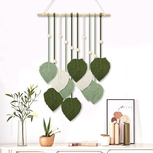 Yesaler Makramee Wandbehang Boho Deko mit Holzperlen und Blätter Makramee Wandteppich mit 1 Haken für Wohnzimmer Schlafzimmer 62 * 40 cm