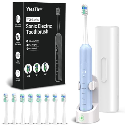 Elektrische Zahnbürste, Schallzahnbürste für Erwachsene und Kinder, Electric Toothbrush mit 5 Putzmodi 3 Intensitätsstufen Integrierter Timer und 8 Zahnbürstenköpfen, Reiseetui, Hellblau