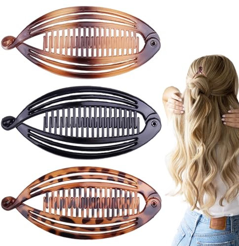 3 Pinces à Cheveux en Forme de Poisson (Noir Brillant/Écaille/Léopard)-Clips Banane pour Cheveux Longs Femme avec 3 Styles-Accessoires Coiffure Résistants PS Plastique pour Sport, Soirée&Quotidien